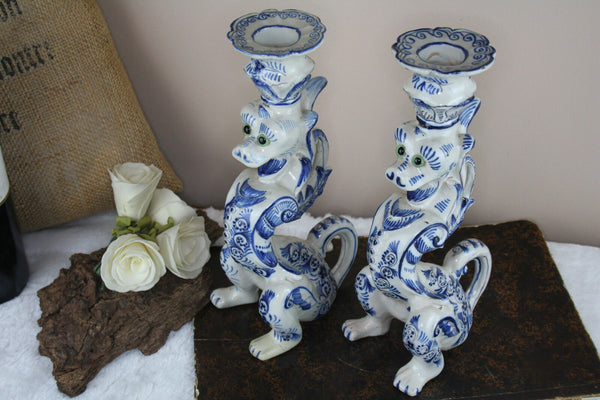 PAIR 1930  Delft pottery marked Dragon gothic  candle holders rare special pcs