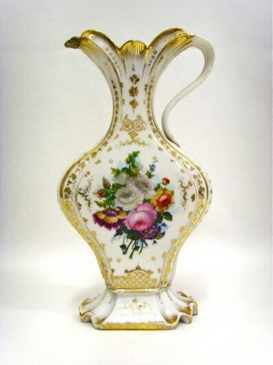 Antique French 19th c Vieux paris porcelain floral pitcher vase