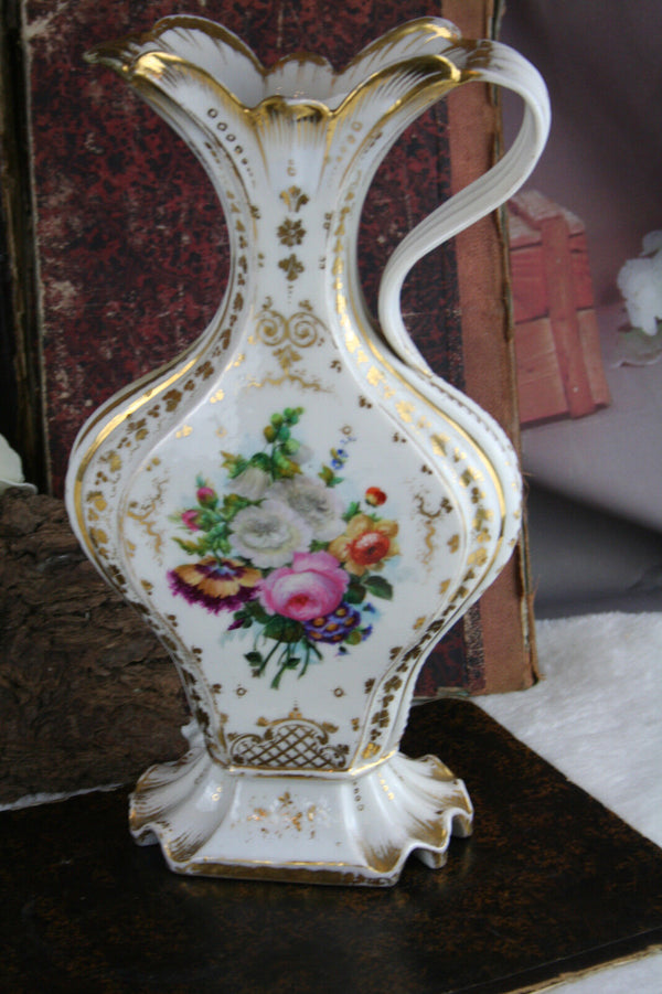 Antique French 19th c Vieux paris porcelain floral pitcher vase