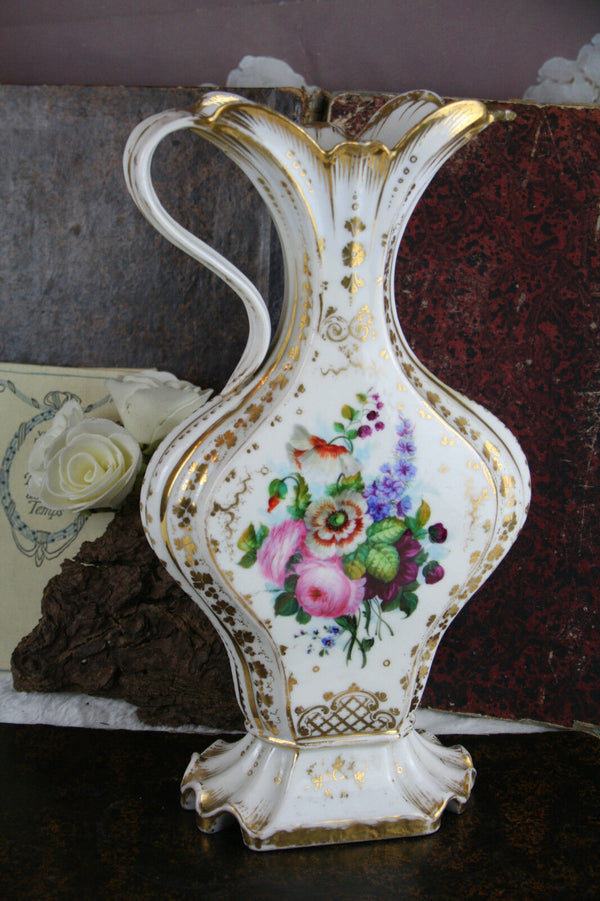 Antique French 19th c Vieux paris porcelain floral pitcher vase