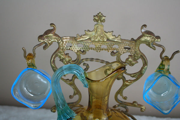 French Rare Dragon gothic Brass cave box blue LEGRAS glass set 1899