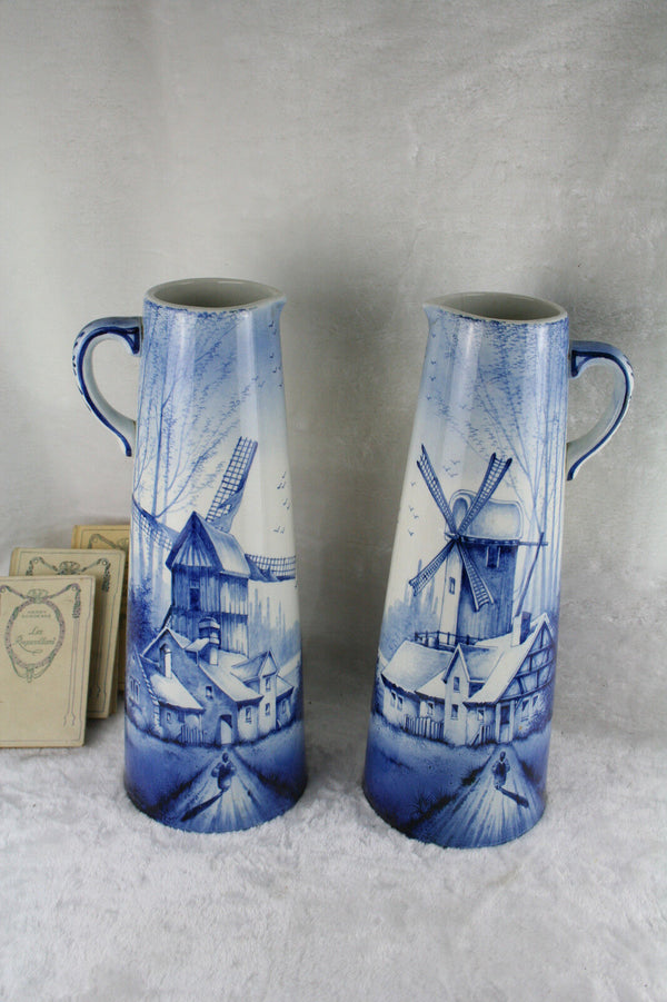 PAIR XXL exclusive DELFT Ceramic pottery pitchers jars mill scenes 1920 Holland