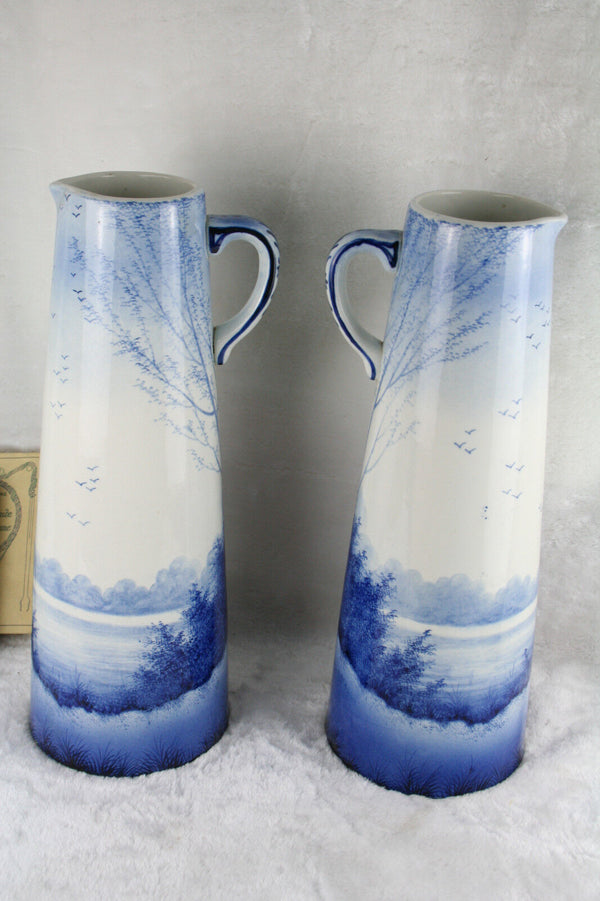 PAIR XXL exclusive DELFT Ceramic pottery pitchers jars mill scenes 1920 Holland