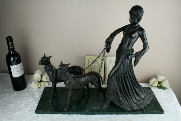 Huge XL spelter bronze lady statue dogs leash marble manner chiparus