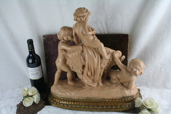 XL art deco 30's putti cherubs and ram plaster sculpture statue after clodion