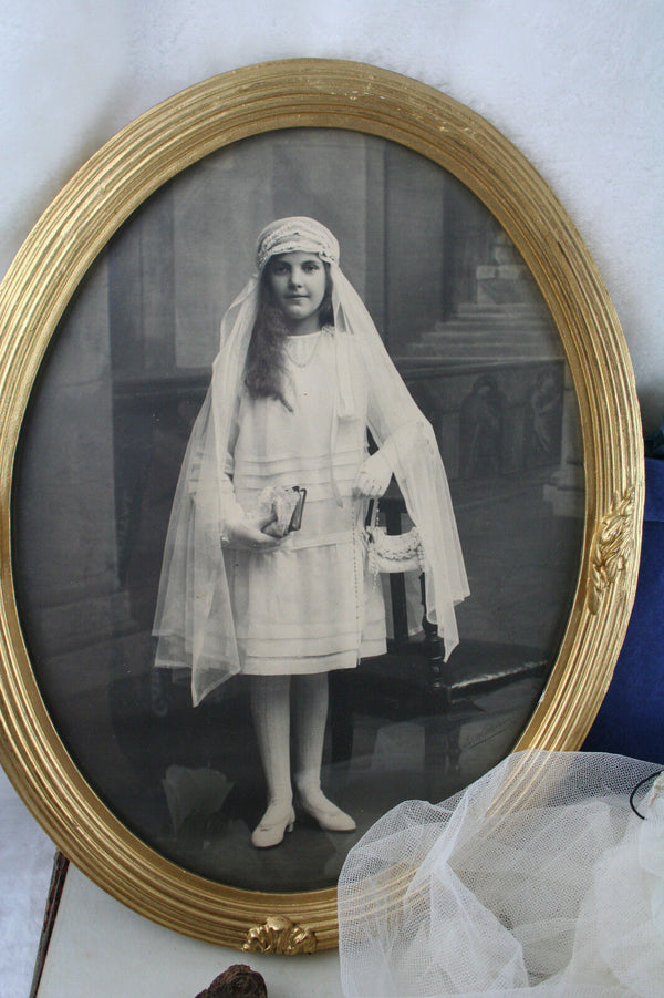 Exclusive RARE  communion lace veil + purse + photo 1931 original box religious