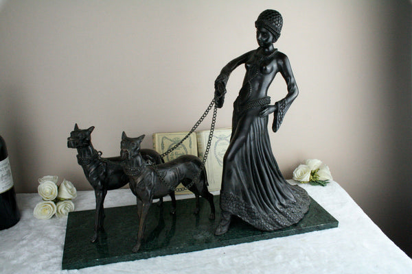 Huge XL spelter bronze lady statue dogs leash marble manner chiparus