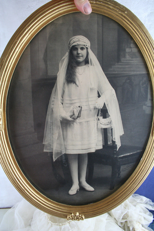 Exclusive RARE  communion lace veil + purse + photo 1931 original box religious