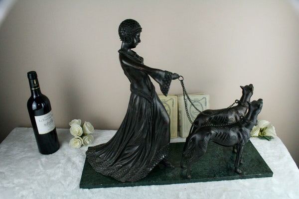 Huge XL spelter bronze lady statue dogs leash marble manner chiparus