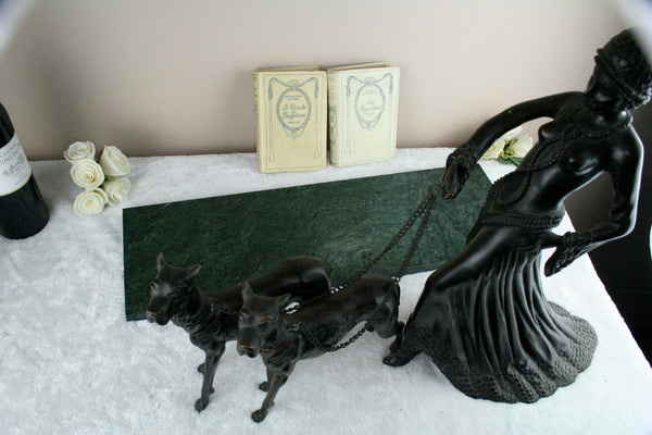 Huge XL spelter bronze lady statue dogs leash marble manner chiparus