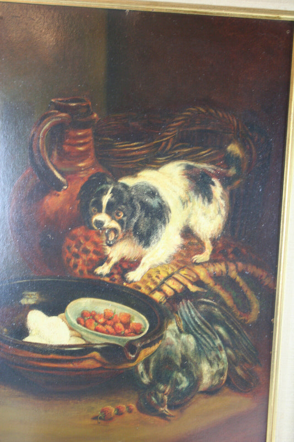 Dutch 60's  Oil on cardboard painting dog still life signed