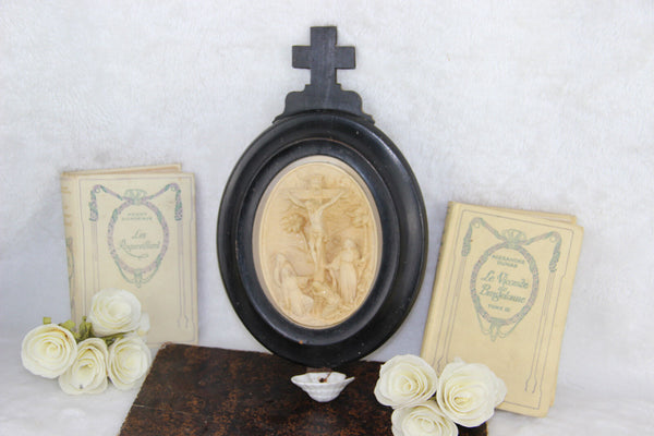 Antique 1880 napoleon III Meerschaum Crucifix calvary signed Holy water font