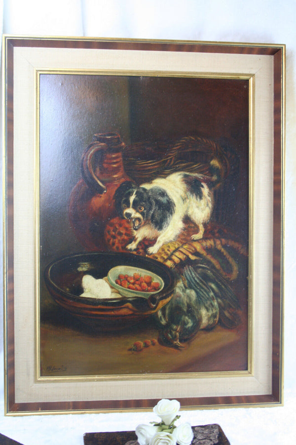 Dutch 60's  Oil on cardboard painting dog still life signed