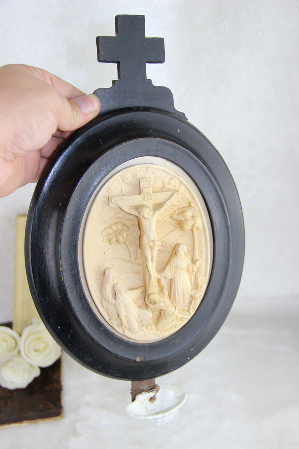 Antique 1880 napoleon III Meerschaum Crucifix calvary signed Holy water font