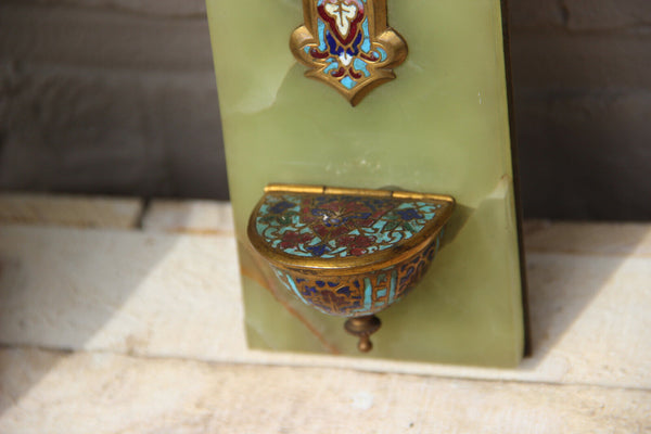 Antique religious Cloisonne enamel onyx marble holy water font crucifix