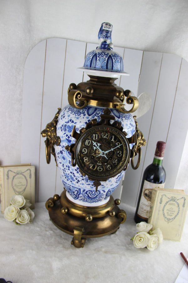 HUGE XL DELFT Blue white pottery VASE Bronze Lions heads RARE Signed Luppens