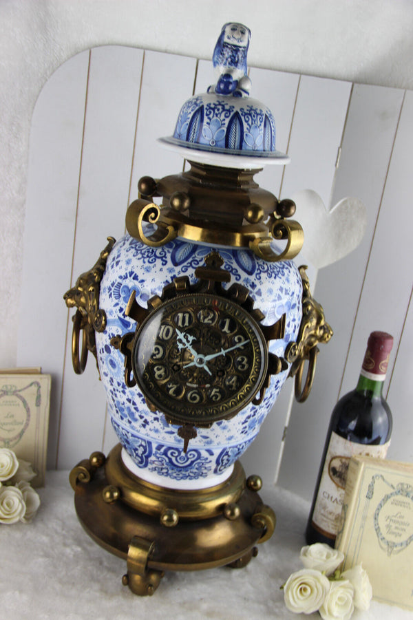 HUGE XL DELFT Blue white pottery VASE Bronze Lions heads RARE Signed Luppens