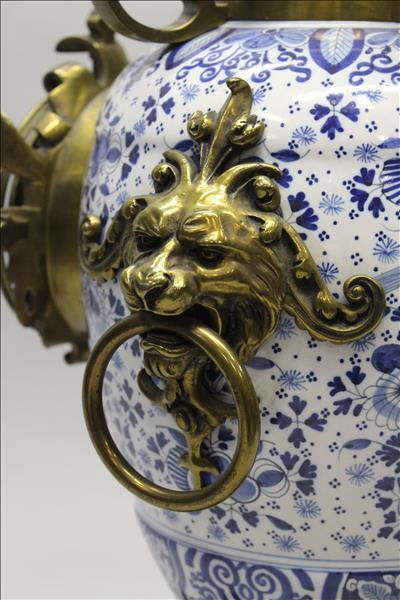 HUGE XL DELFT Blue white pottery VASE Bronze Lions heads RARE Signed Luppens