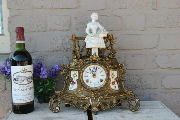 Italian Bronze porcelain plaques bisque lady figurine mantel clock 1970