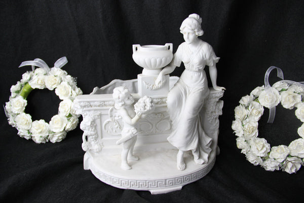 Antique German grafenthal marked bisque porcelain jardiniere planter putti lady