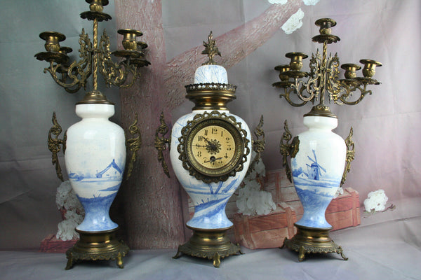 Blue white Pottery Mills landscape Candelabras set with Clock Dutch 1920's