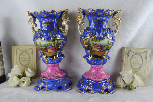 PAIR large VIEUX PARIS romantic decor hand paint floral Vases Satyr heads