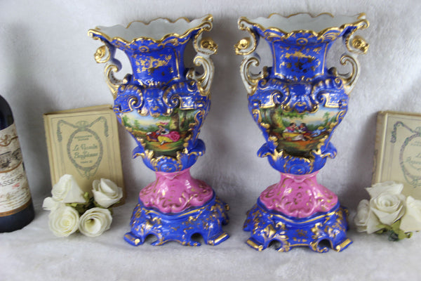 PAIR large VIEUX PARIS romantic decor hand paint floral Vases Satyr heads