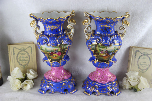 PAIR large VIEUX PARIS romantic decor hand paint floral Vases Satyr heads