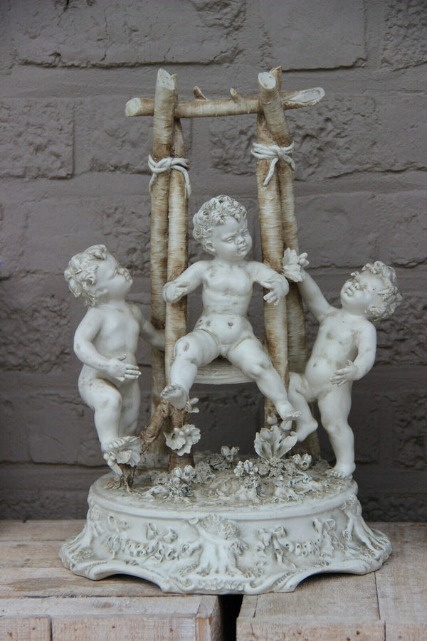 LARGE Carlo mollica capodimonte porcelain bisque putti cherub group swing