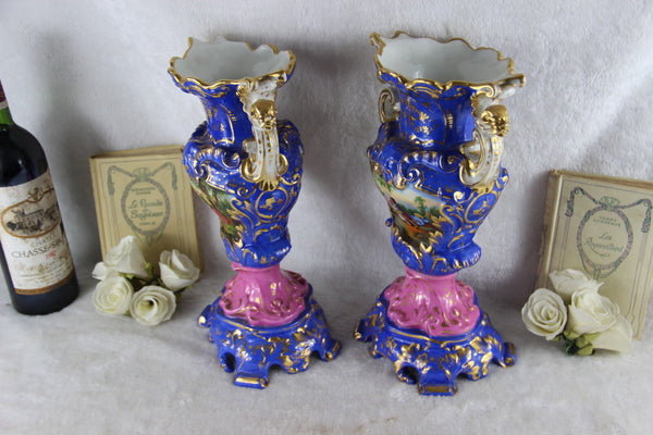 PAIR large VIEUX PARIS romantic decor hand paint floral Vases Satyr heads