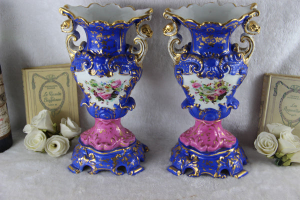 PAIR large VIEUX PARIS romantic decor hand paint floral Vases Satyr heads