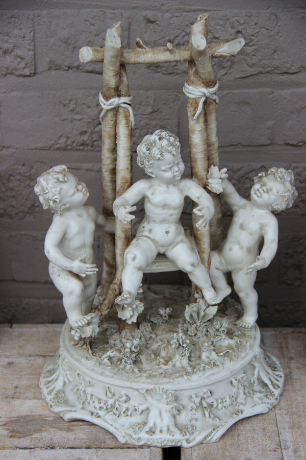 LARGE Carlo mollica capodimonte porcelain bisque putti cherub group swing