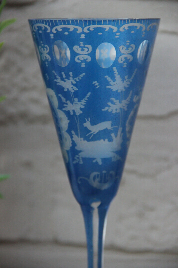 Antique Bohemia Blue glass deer hunting theme 1950