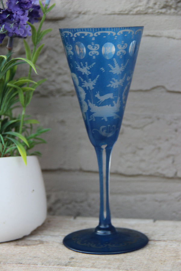 Antique Bohemia Blue glass deer hunting theme 1950