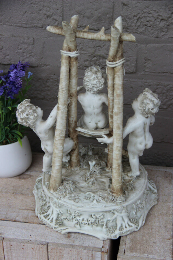 LARGE Carlo mollica capodimonte porcelain bisque putti cherub group swing