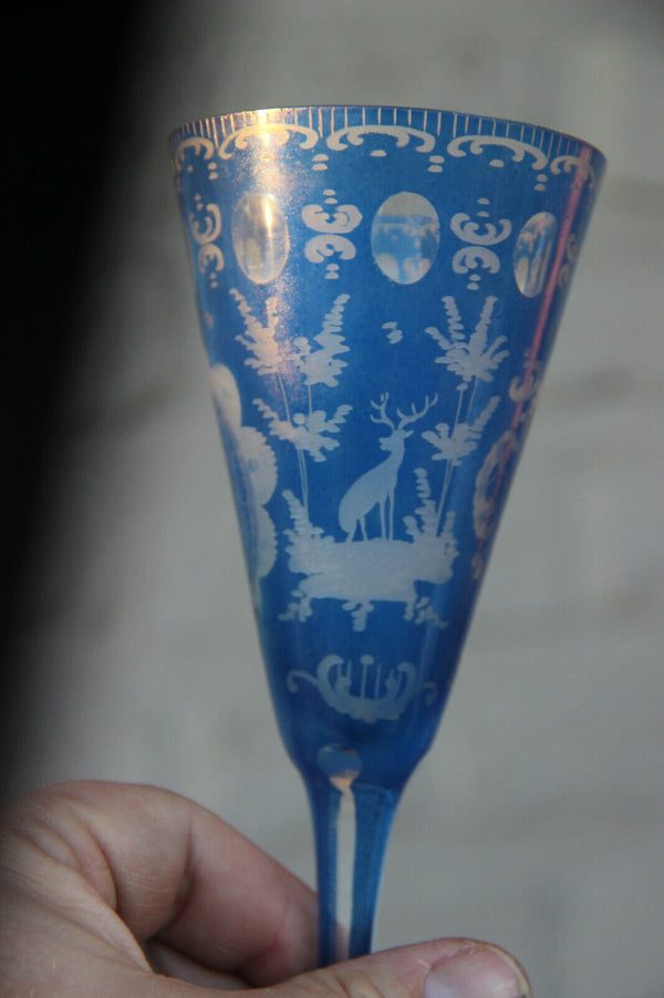 Antique Bohemia Blue glass deer hunting theme 1950