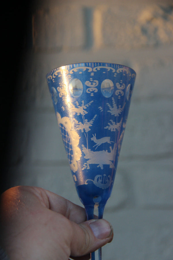 Antique Bohemia Blue glass deer hunting theme 1950