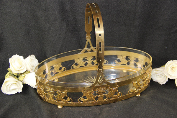 Original French 1950 empire Brass lions Centerpiece table glass