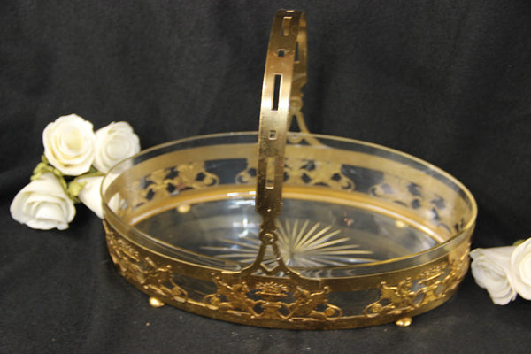 Original French 1950 empire Brass lions Centerpiece table glass