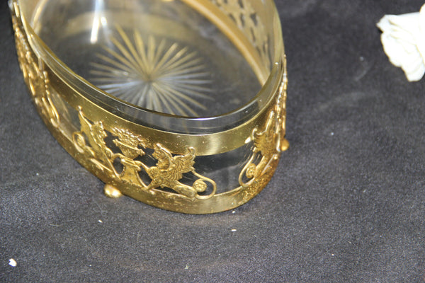 Original French 1950 empire Brass lions Centerpiece table glass