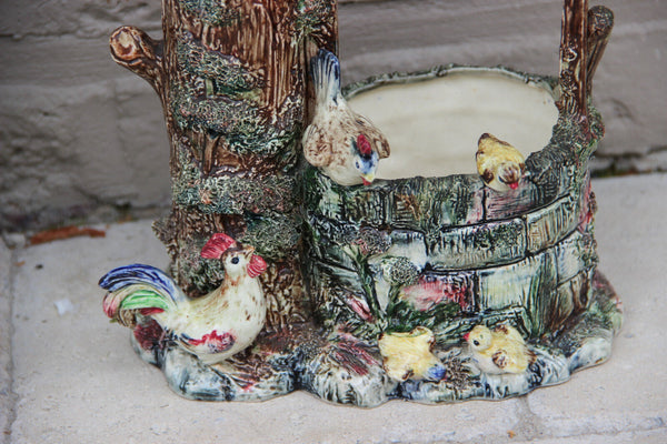 Gorgeous antique Bernard BLOCH majolica planter jardiniere chicken family rare