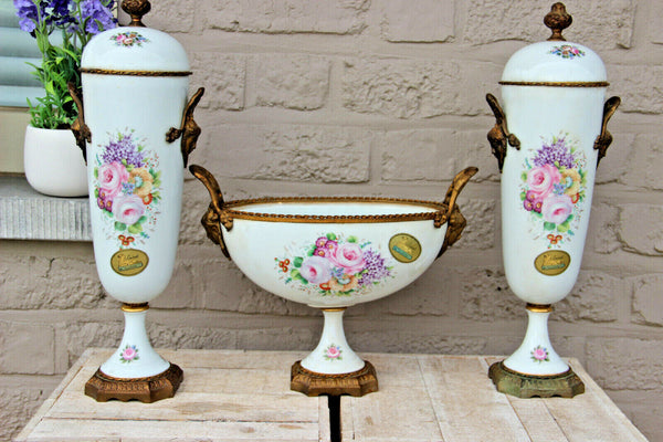 Gorgeous French Limoges porcelain vase centerpiece set caryatid putti heads rare