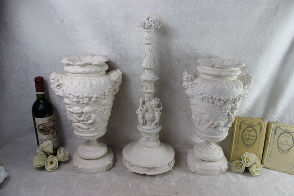 Huge Set Chalkware putti Devil head VASES central obelisk 1900 French antique