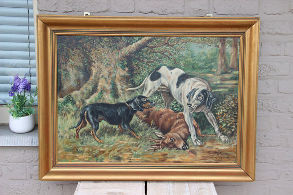 Large Flemish oil on panel hunting dog deer hunt painting signed 1948