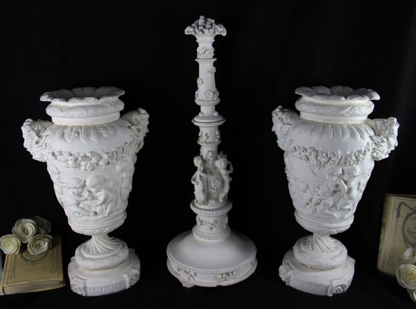 Huge Set Chalkware putti Devil head VASES central obelisk 1900 French antique