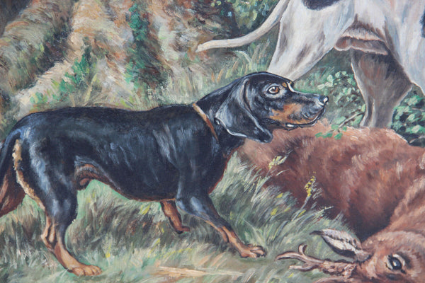 Large Flemish oil on panel hunting dog deer hunt painting signed 1948