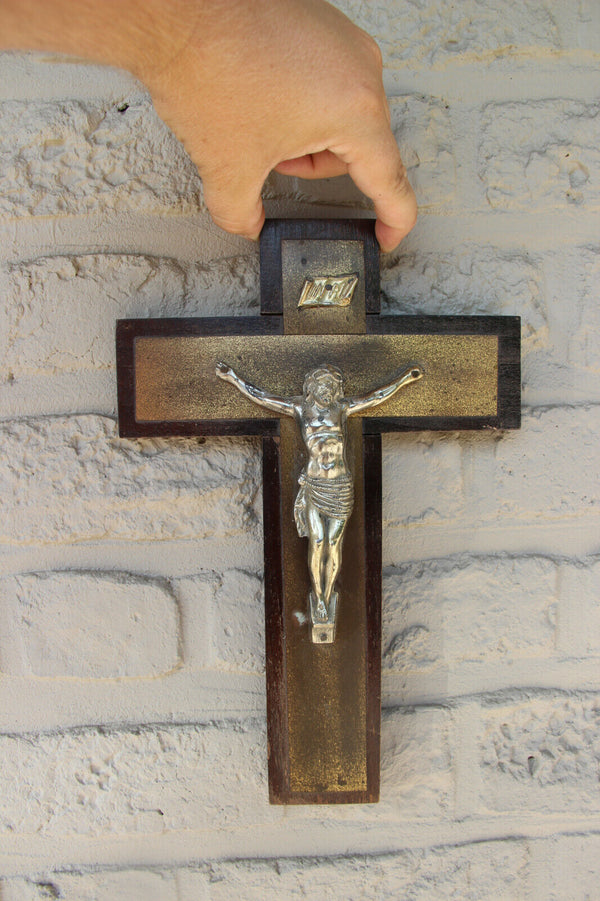 Antique French religious Crucifix cross christ wood metal