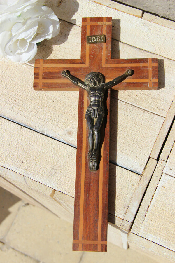 Antique French religious Crucifix cross christ wood metal