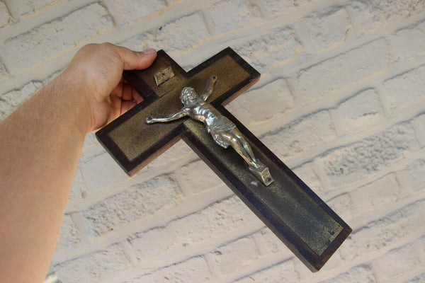 Antique French religious Crucifix cross christ wood metal