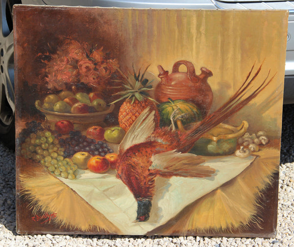 Flemish 1960 OIL CANVAS hunting still life Painting pheasant fruits Table